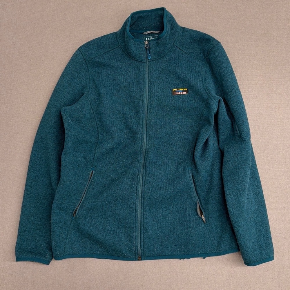 LL Bean Sweater Fleece Jacket Womens XL Teal Blue Full Zip Mock Neck 504888